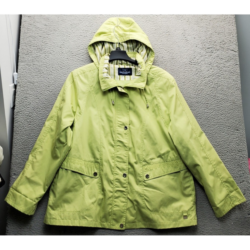 Mackintosh Rain Jacket Womens Green Lined Winter Removable Hood Snap Inside Zip
